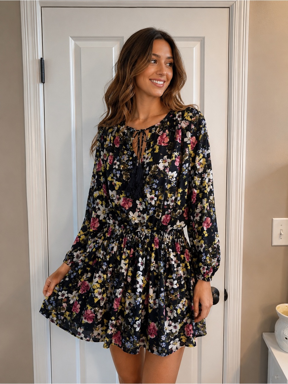 Banana Republic Navy Bohemian Floral Tie-Front Dress | Size Small | EUC